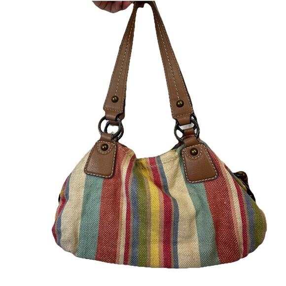 Fossil Beachy Striped Faux Leather Canvas Bag Zipper Dual Handle Pockets Boho - Picture 15 of 16